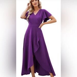 Long Formal Gowns Evening Party Cocktail Split V Neck Wrap Ruffle Wedding Dress